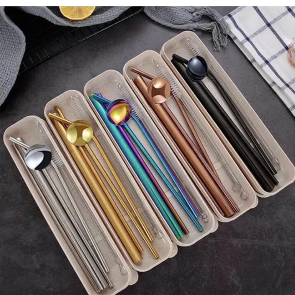 A non- disposable set of straws and straw needs